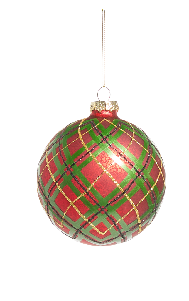 Red and green plaid Christmas ornament on a white background