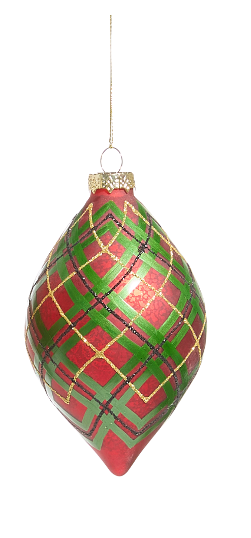 Green and red plaid Christmas ornament on a white background