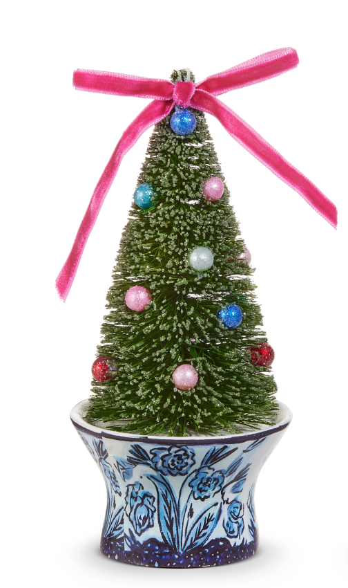 Bottle brush tree ornament with bow and blue chinoiserie-style pot