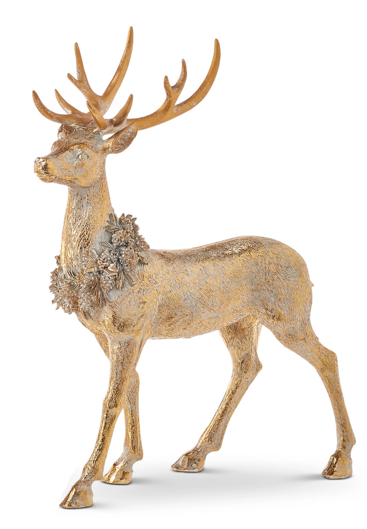 Decorative deer figurine with gold and brown finish on a white background