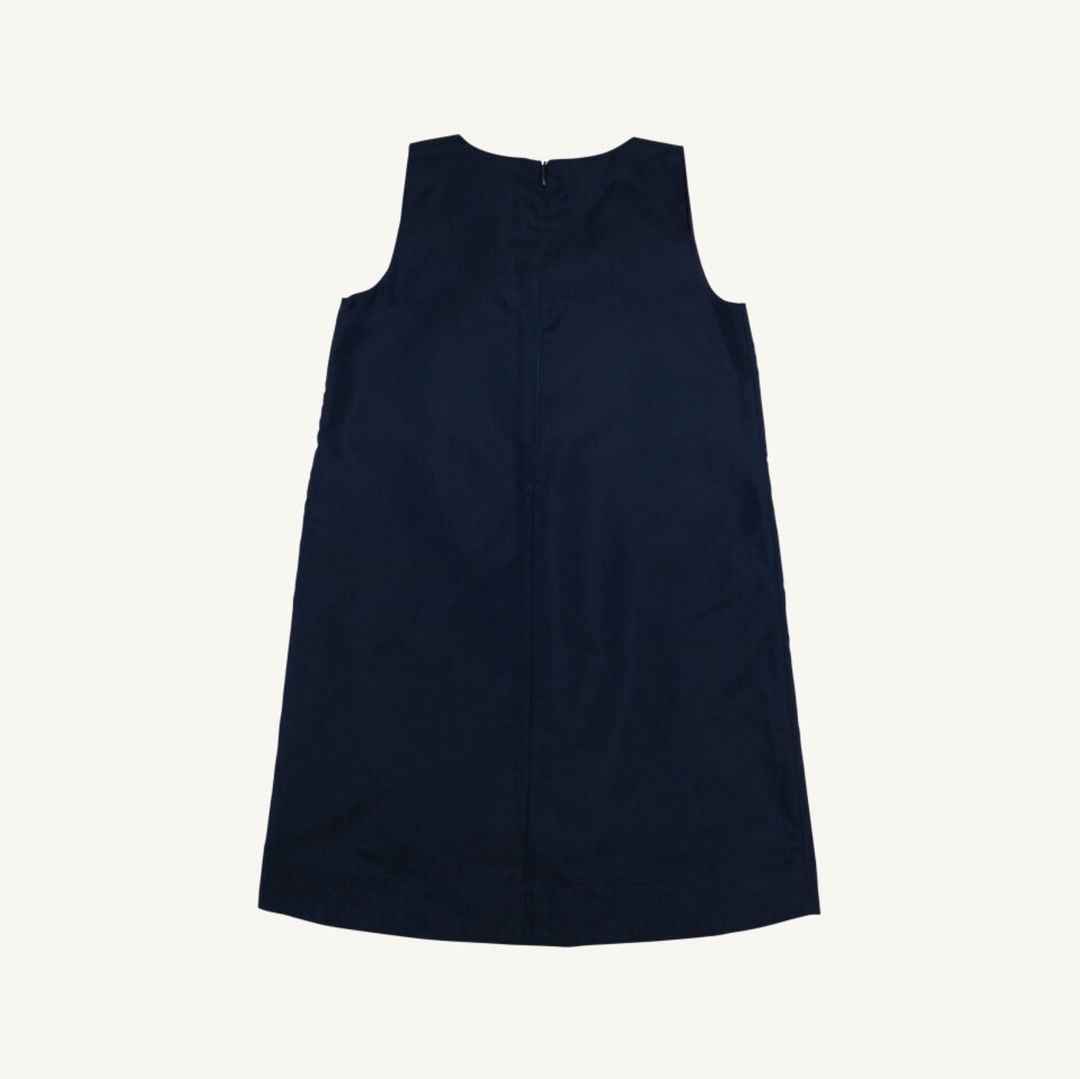 Navy blue sleeveless dress on a white background