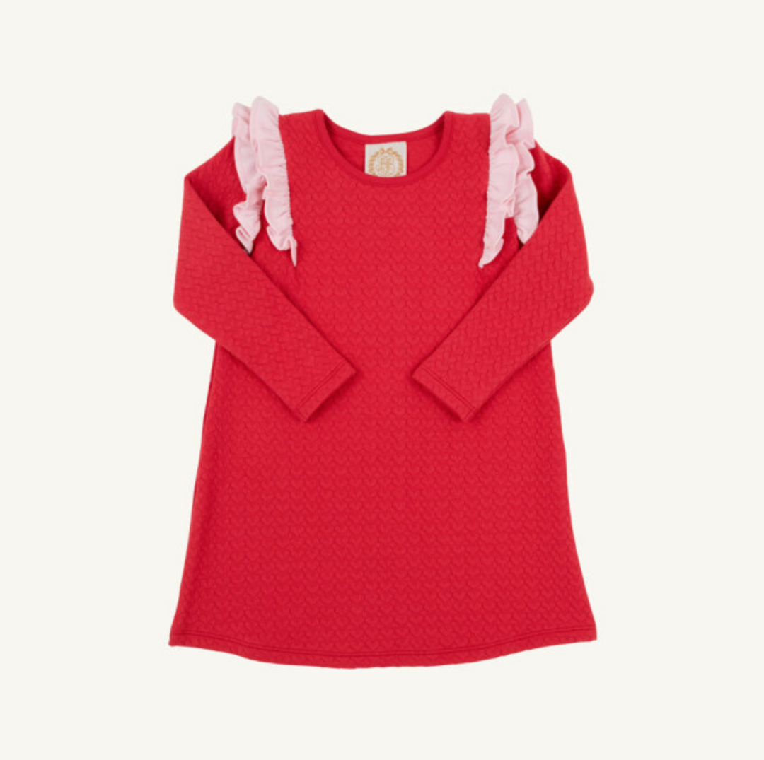 Red dress with pink ruffled shoulders on a white background