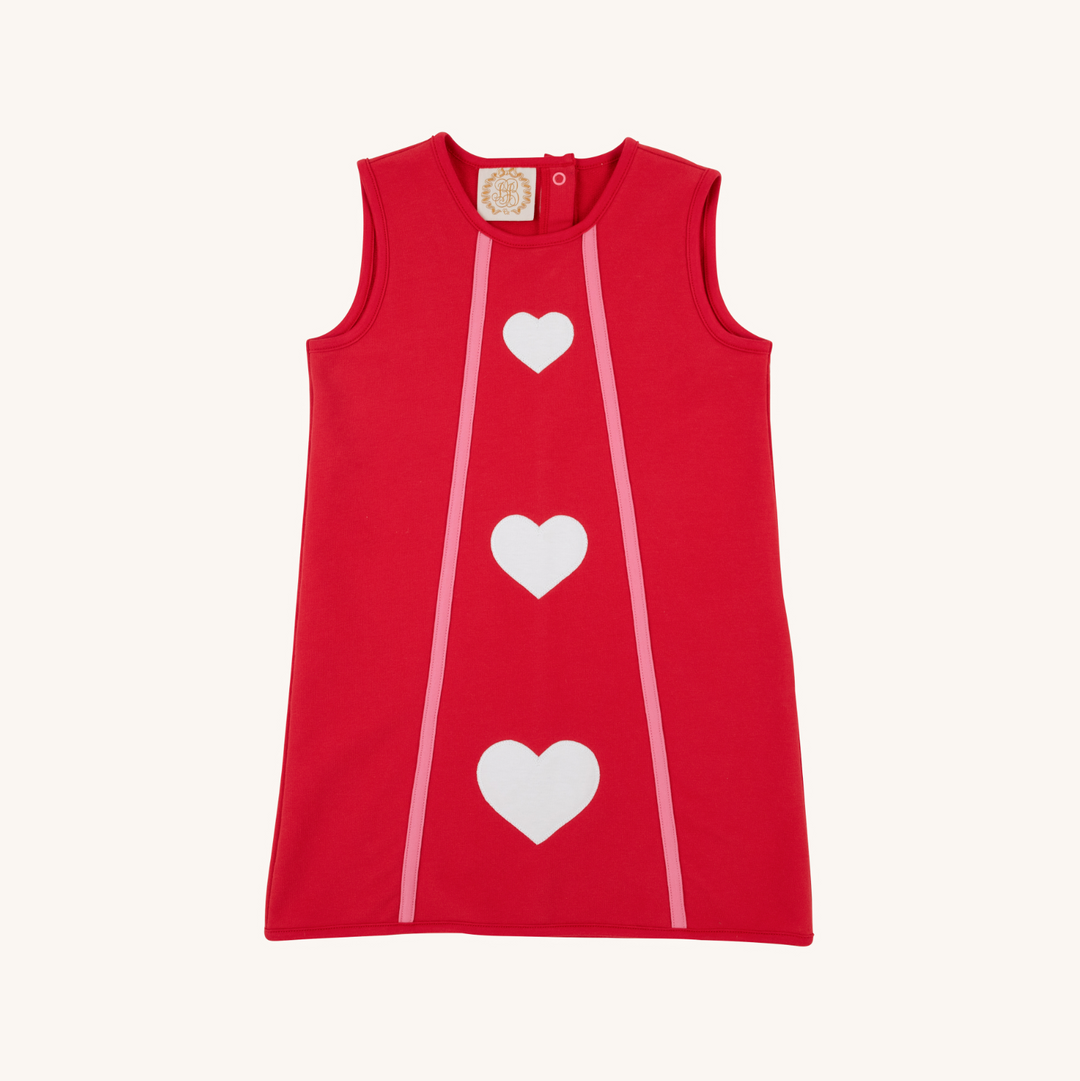 Red sleeveless dress with white hearts on a white background