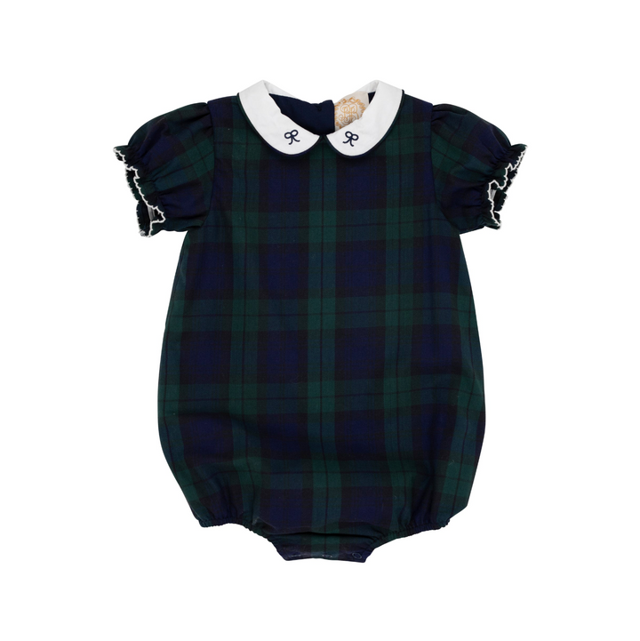 Green plaid baby romper with white collar on a white background