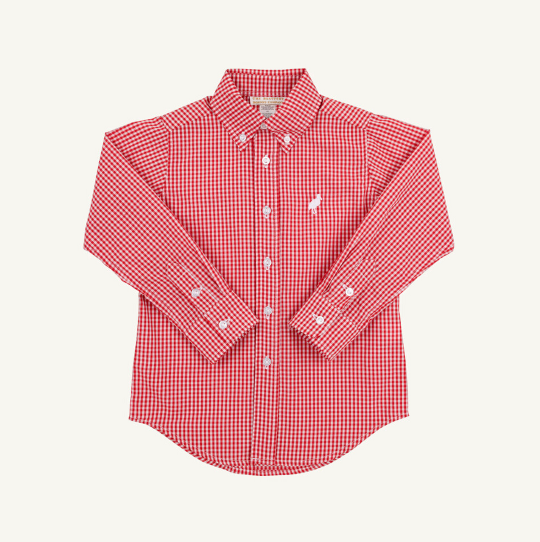 Red and white checkered shirt on a light beige background