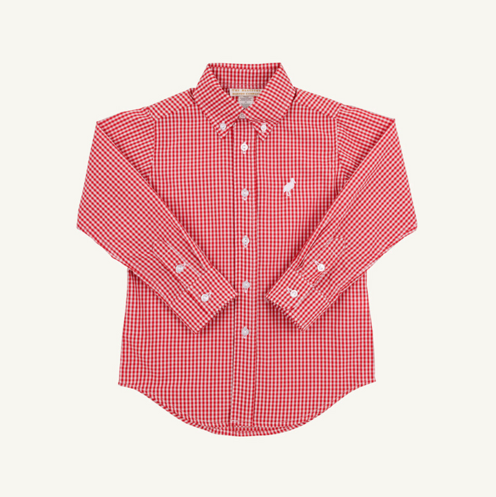 Red and white checkered shirt on a light beige background