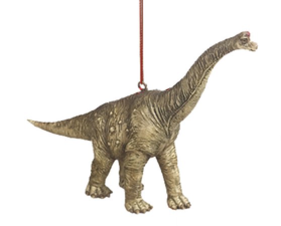 Dinosaur ornament hanging on a white background