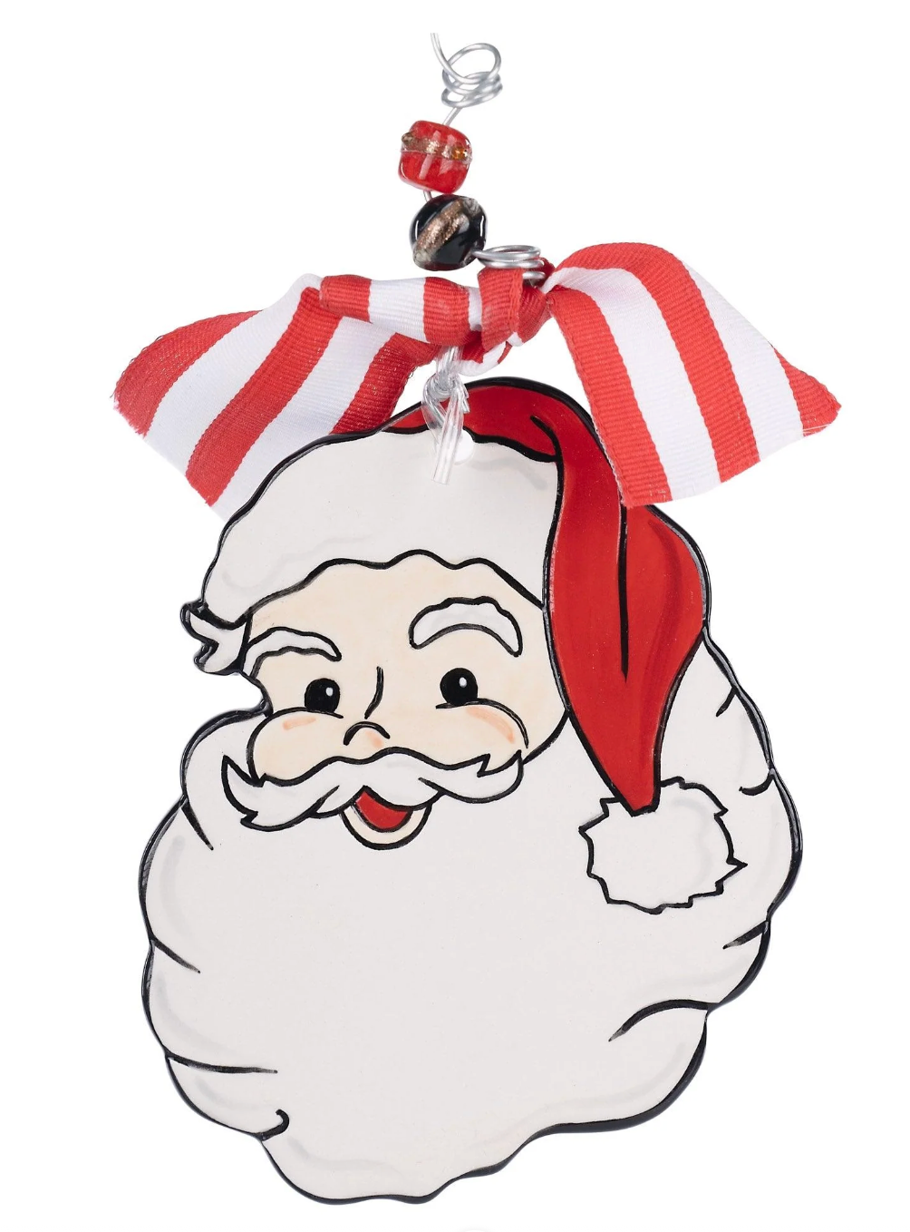 Decorative ornament shaped like a smiling Santa Claus face with a red and white striped bow on a white background.