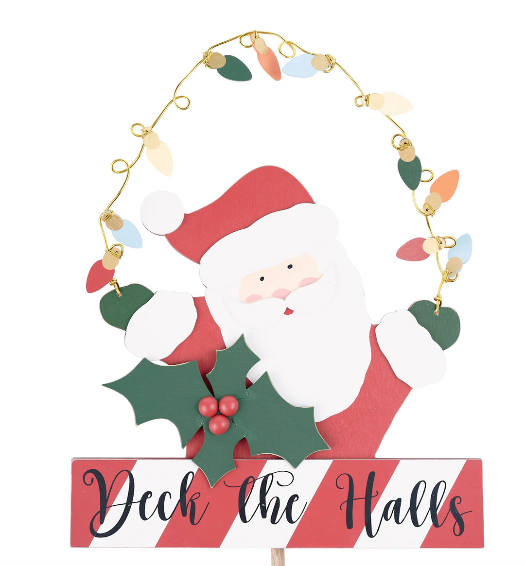 Decorative sign with Santa Claus, holly, and Christmas lights on a white background