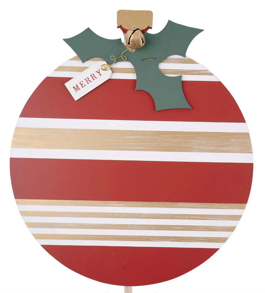 Decorative Christmas ornament with striped pattern and holly leaf on a white background
