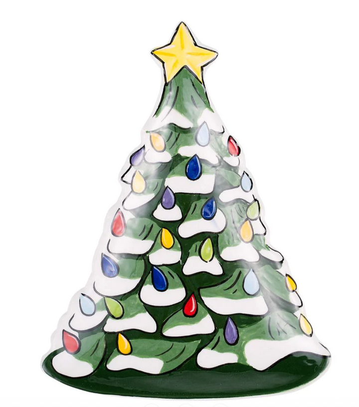 Decorative Christmas tree figurine with colorful lights and a yellow star on a white background