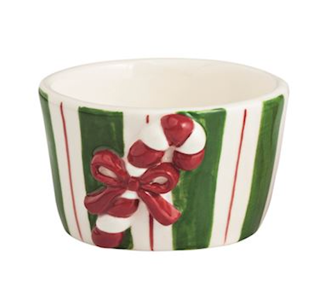 Decorative bowl with candy cane and bow design on a white background