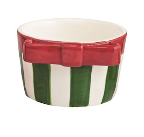 Ceramic bowl with red and green striped design on a white background