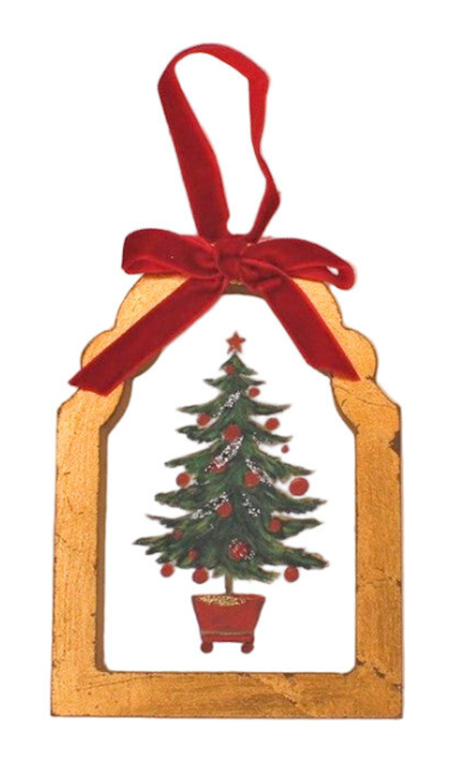 Decorative Christmas ornament with a tree and red ribbon on a white background
