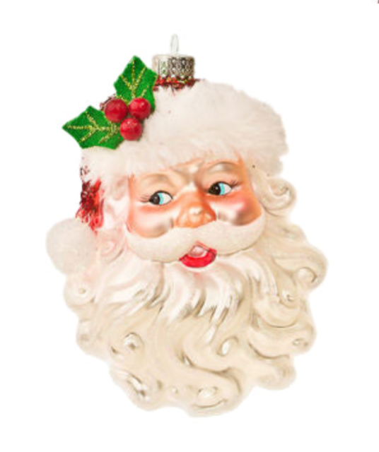Christmas ornament shaped like a Santa Claus head with a decorative bow on a white background