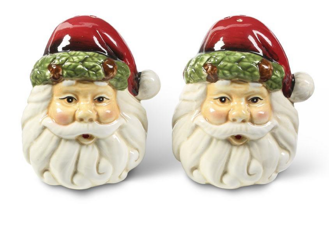 CERAMIC SANTA FACE SALT AND PEPPER SHAKERS ON WHITE BACKGROUND