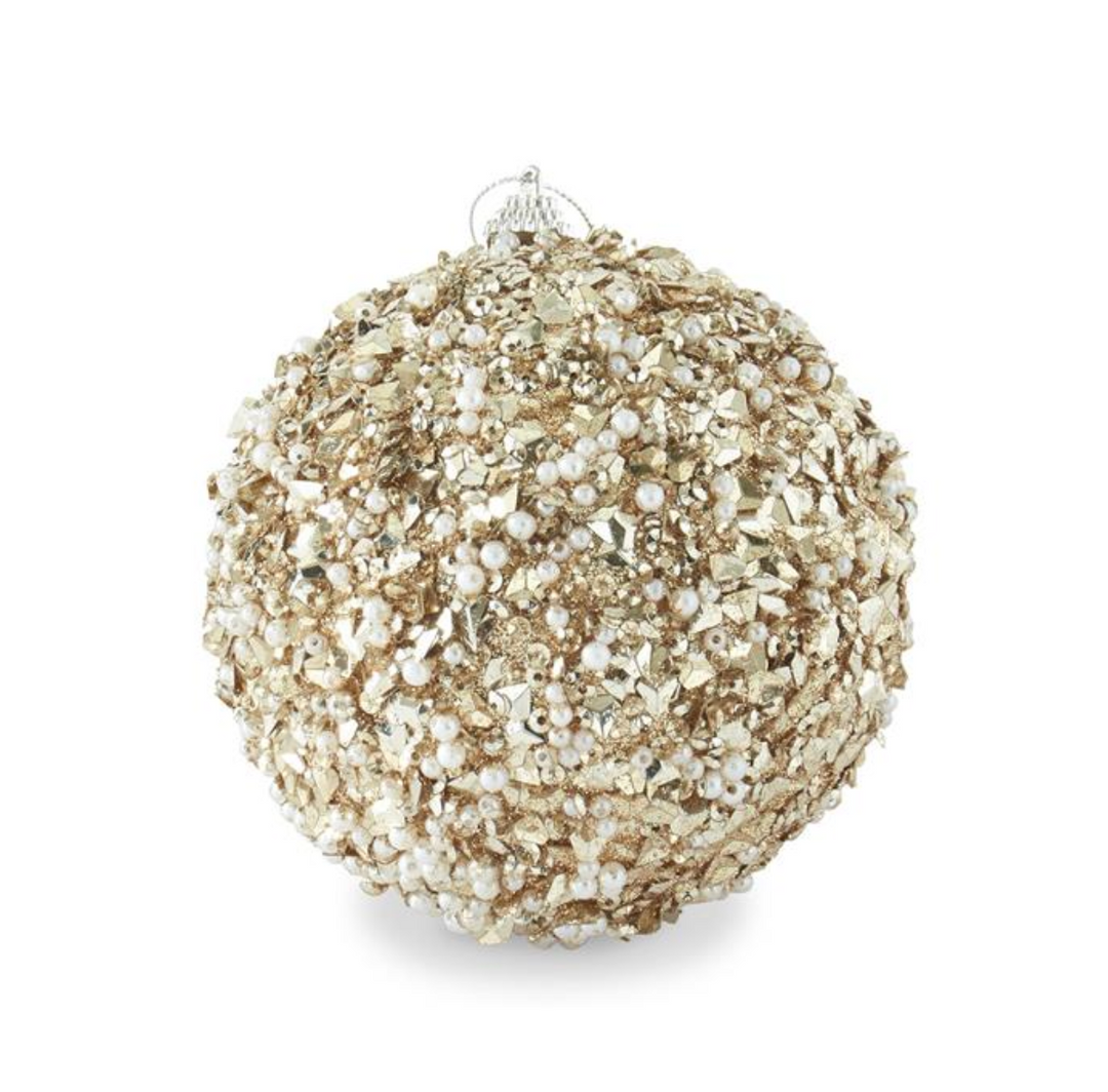 Champagne Sequins & Bead Embellished Shatterproof Ornament on white background
