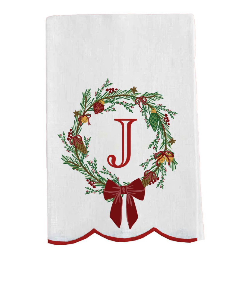 embroidered holiday wreath with J in center