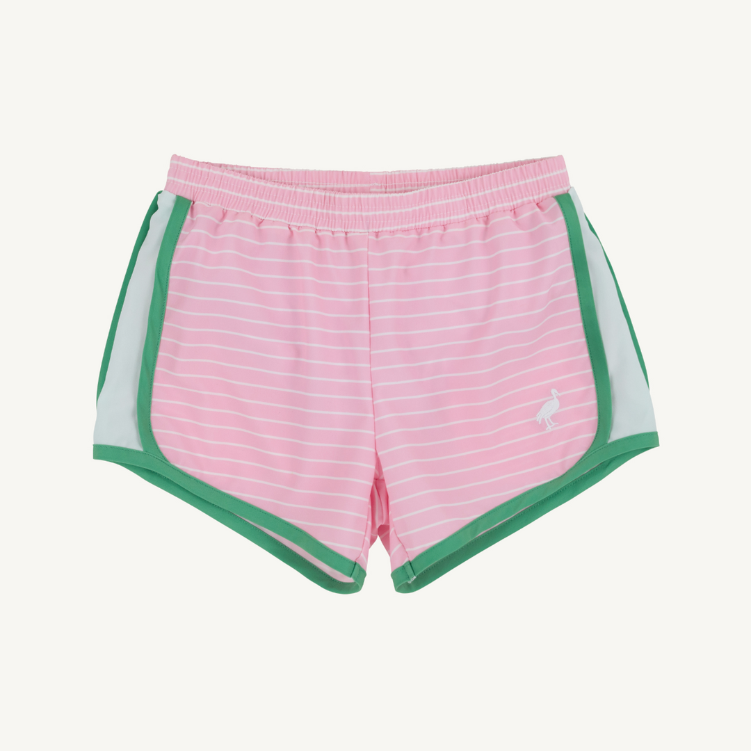 PINK WITH WHITE STRIPE SHORTS, GREEN TRIM ON SIDES AND BOTTOMS