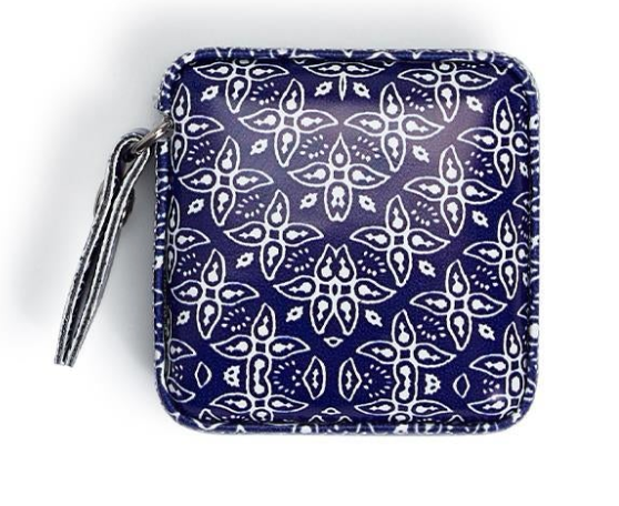 Navy blue pouch with white pattern on a white background