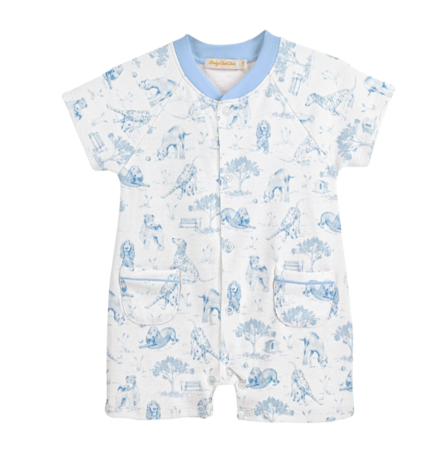SHORT SLEEVE ROMPER WITH FRONT POCKETS WITH BLUE TOILE PUPPY DOGS ALL OVER PRINT