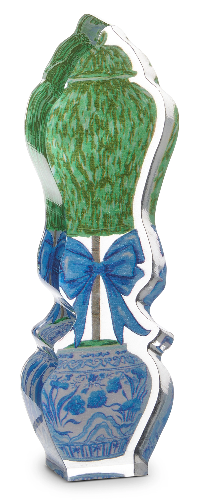 Decorative vase with green top and blue base, featuring a bow, on a white background