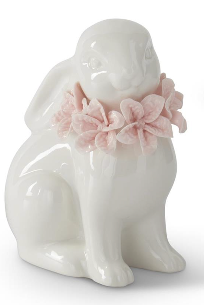 WHITE CERAMIC EASTER BUNNIES WITH PINK FLOWERS