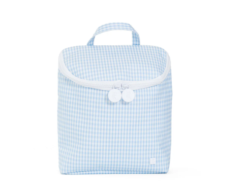 Light blue gingham lunch bag with white trim, top handle, and zip closure | Walker Boutique