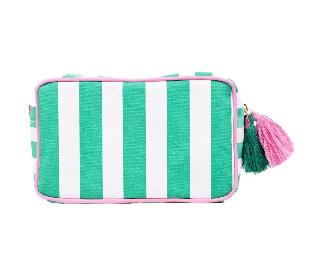 green and white striped cosmetic bag with pink trim and tassel zipper pouch travel makeup bag | Walker Boutique