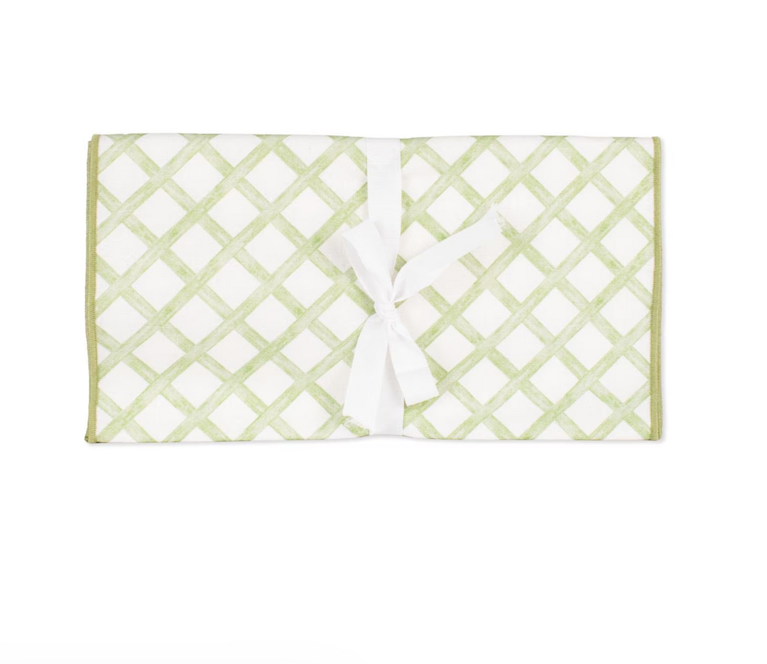 green lattice trellis table runner with white background and tie closure classic spring table decor | Walker Boutique