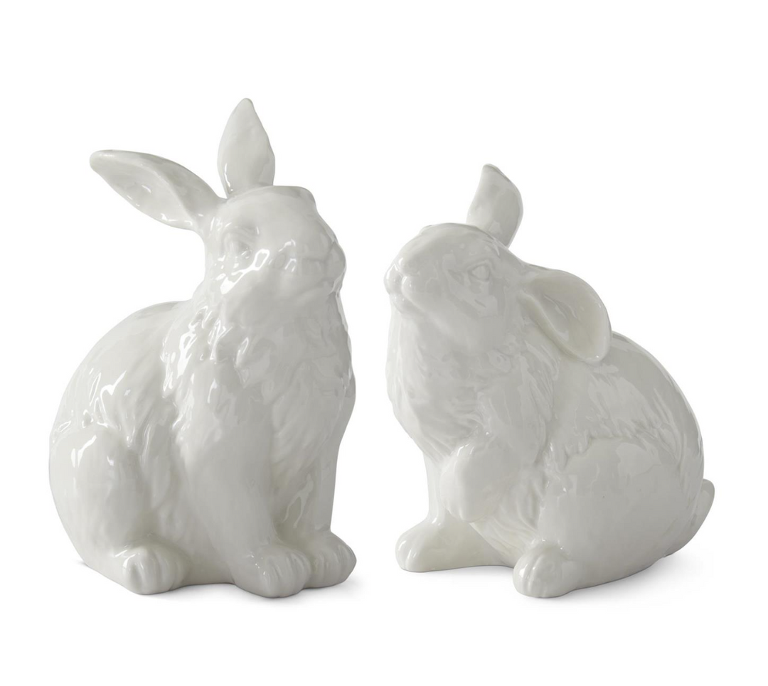 Set of two glossy white ceramic bunny figurines with detailed texture | Walker Boutique