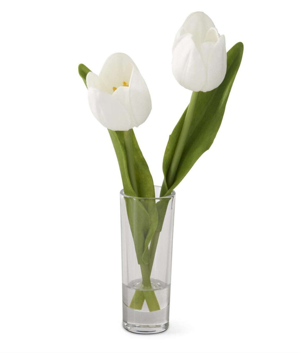 Faux white tulips in clear glass vase with realistic water detail | Walker Boutique