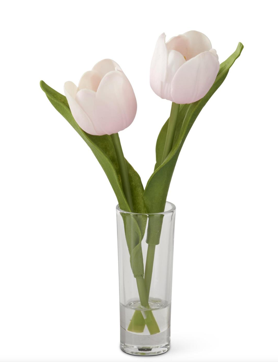 Faux blush pink tulips in clear glass vase with realistic water detail | Walker Boutique