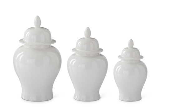 white ceramic ginger jars with lids in varying sizes | Walker Boutique