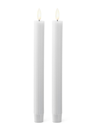 Set of two white ribbed LED taper candles with flickering flame effect | Walker Boutique