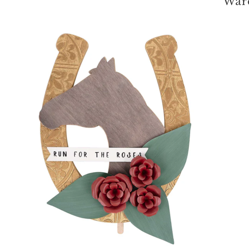 horse head and horseshoe wall decor with “run for the roses” text, red floral accents, and green leaves | Walker Boutique