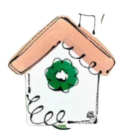 house wooden door hanger attachment with natural wood roof, white base, green wreath detail, and simple hand-drawn accents, interchangeable home decor | Walker Boutique