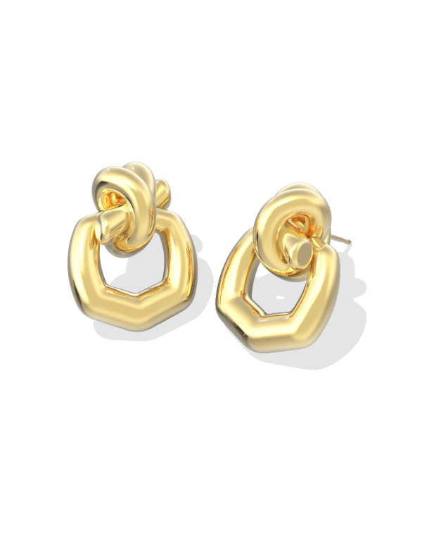 Gold knot stud earrings with geometric drop design, chunky gold statement earrings, modern gold dangle earrings for women