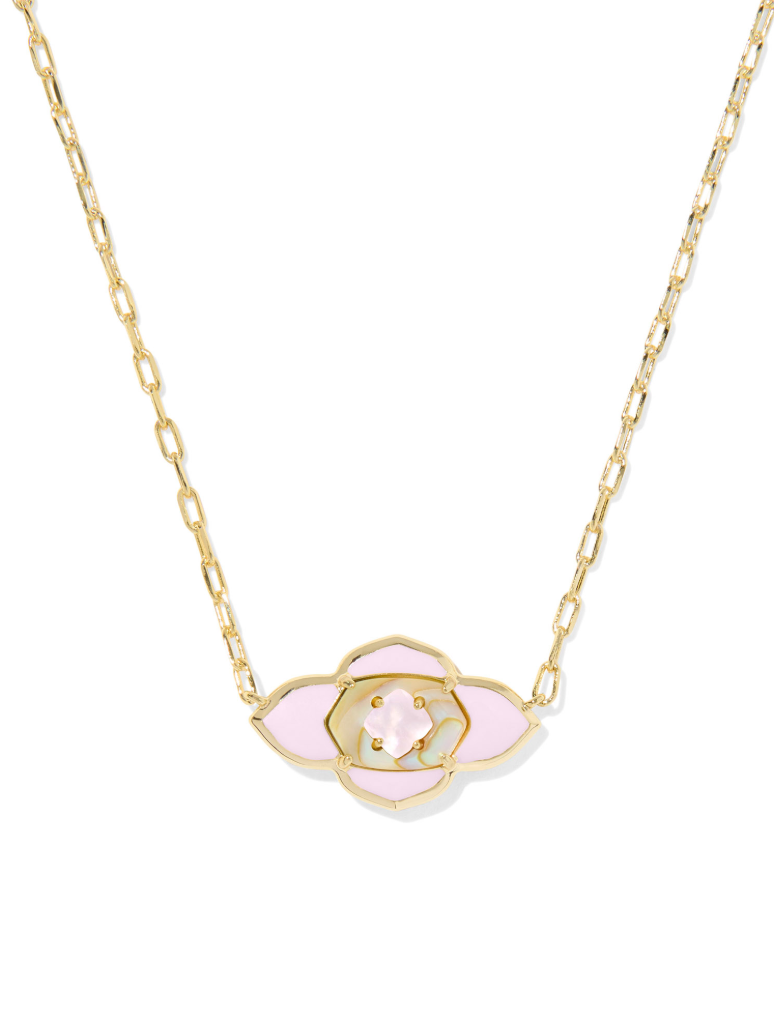 Gold chain necklace with blush pink floral pendant and stone center, feminine statement necklace, dainty gold necklace for layering