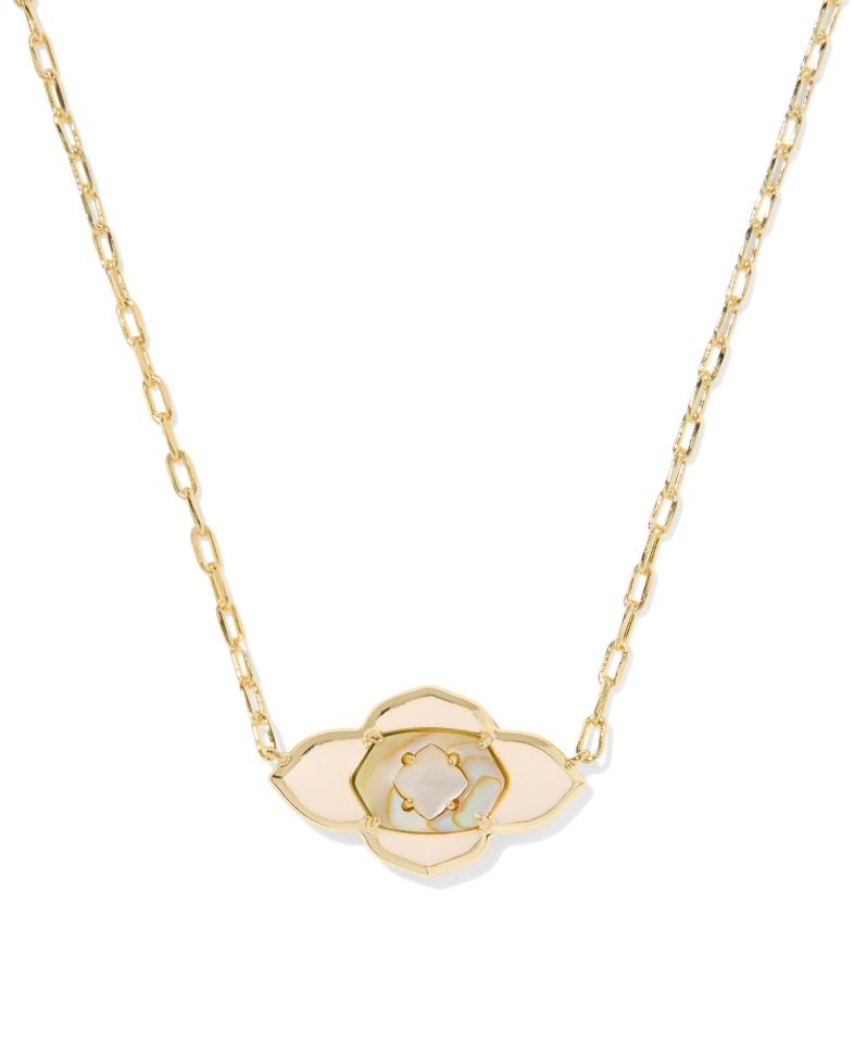 Gold paperclip chain necklace with ivory floral pendant and mother of pearl center, neutral statement necklace, elegant everyday gold necklace