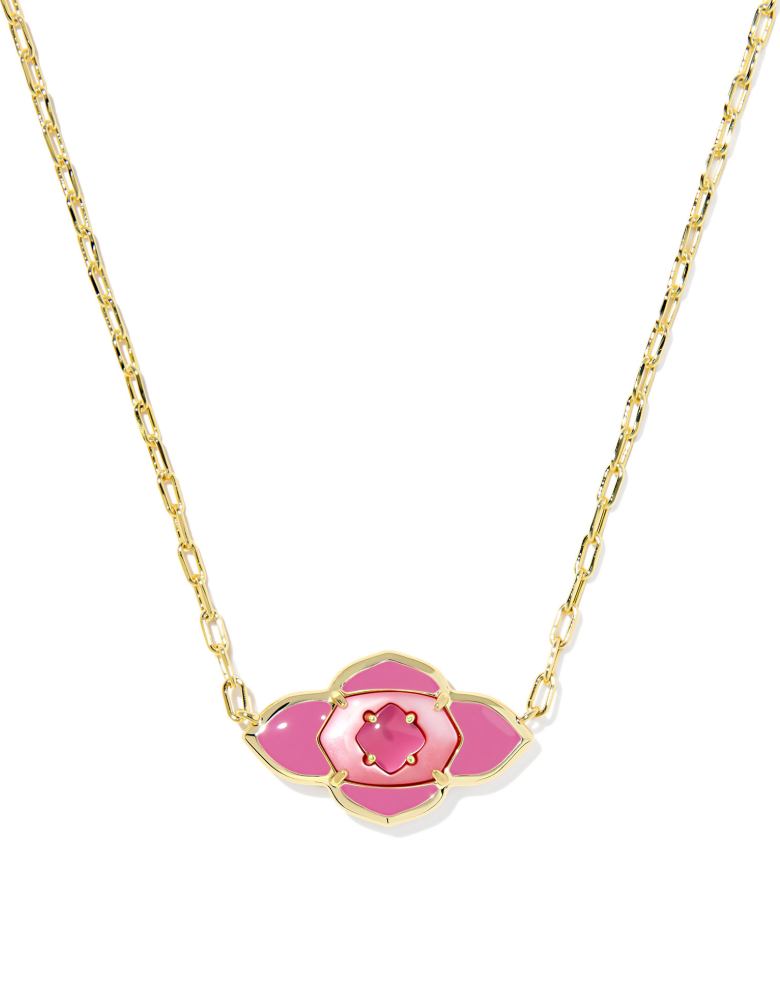 Gold paperclip chain necklace with bright pink floral pendant, pink statement necklace for women, colorful gold necklace for layering