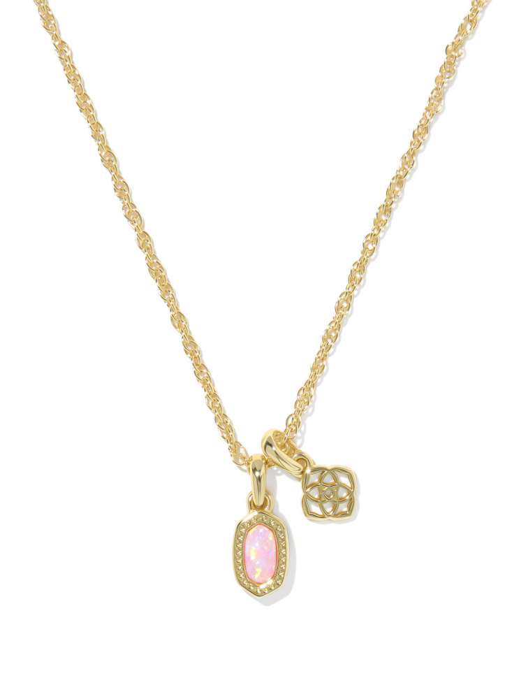 Gold charm necklace with pink iridescent oval stone pendant and floral charm, dainty gold necklace for layering, feminine statement jewelry