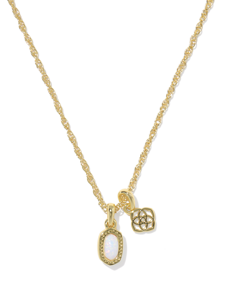 Gold charm necklace with iridescent white oval stone pendant and floral charm, neutral gold necklace for layering, elegant everyday jewelry