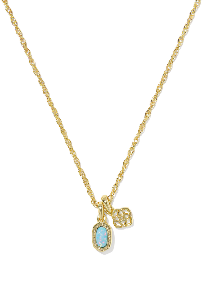 Gold charm necklace with iridescent aqua blue oval stone pendant and floral charm, blue statement necklace for women, gold layering necklace