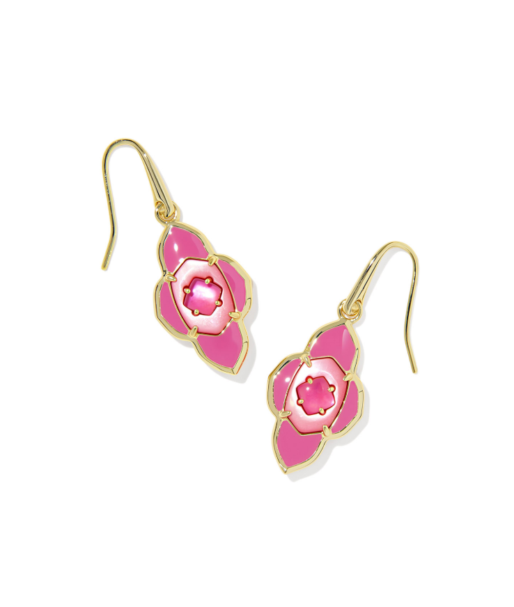 Gold drop earrings with bright pink floral design and iridescent center, colorful statement dangle earrings for women, pink gold earrings