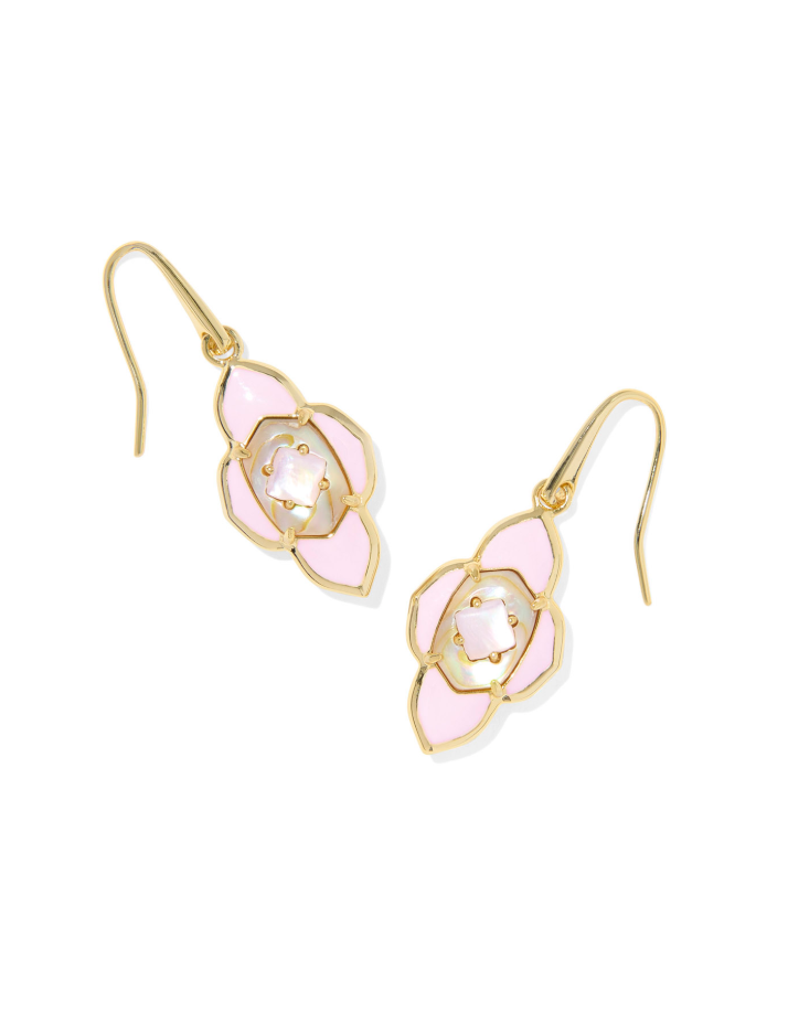 Gold drop earrings with blush pink floral design and iridescent center, feminine dangle earrings for women, soft pink statement earrings