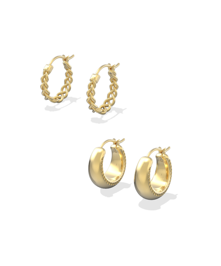 Gold hoop earring set with chunky smooth hoops and braided textured hoops, versatile gold earrings for stacking, classic everyday hoop earrings