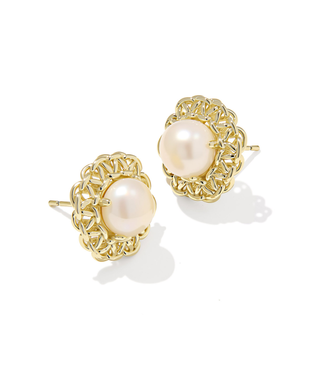 Gold stud earrings with pearl center and woven textured frame, classic pearl statement studs, elegant gold pearl earrings for women