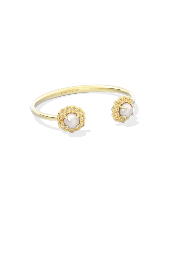Gold cuff bracelet with pearl ends and woven textured detailing, elegant open cuff bracelet for women, classic gold pearl bracelet