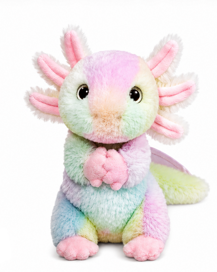 Pastel rainbow axolotl plush toy with soft multicolor fur, pink frills, large glossy eyes, and clasped paws, shown facing forward 